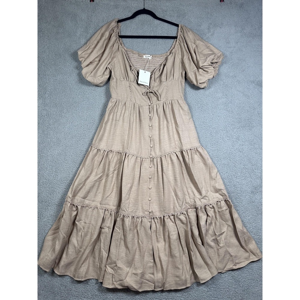 NWT Skylar Rose Dress Womens Large Beige Puff Sleeve Smocked Tiered Boho Maxi